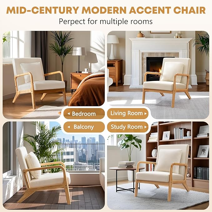ELUCHANG Mid-Century Modern Accent Chair with Lumbar Pillow, Linen Fabric Comfy Lounge Side Upholstered Reading Armchair for Living Room Bedroom Apartment,Easy Assembly(Beige,2pcs)