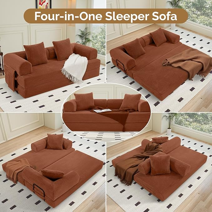 Convertible Corduroy Sleeper Sofa Bed with Cylindrical Pillow, Folding Mattress Couch with Fixed-Shape Frame, Floor Sofa Lounge Couch for Living Room Bedroom Lounge Studio, Red Brown