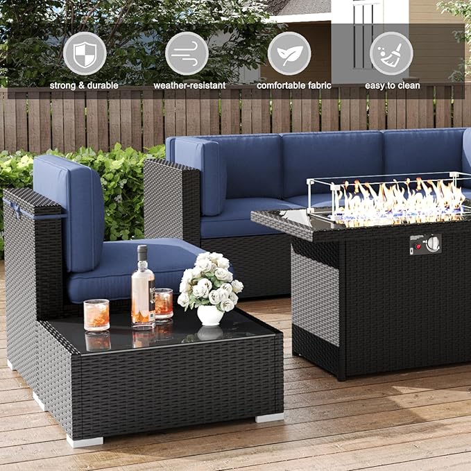 LayinSun 15 Pieces Patio Furniture Set with Fire Pit Table, Black Rattan Modular Sectional Patio Conversation Sofa Set