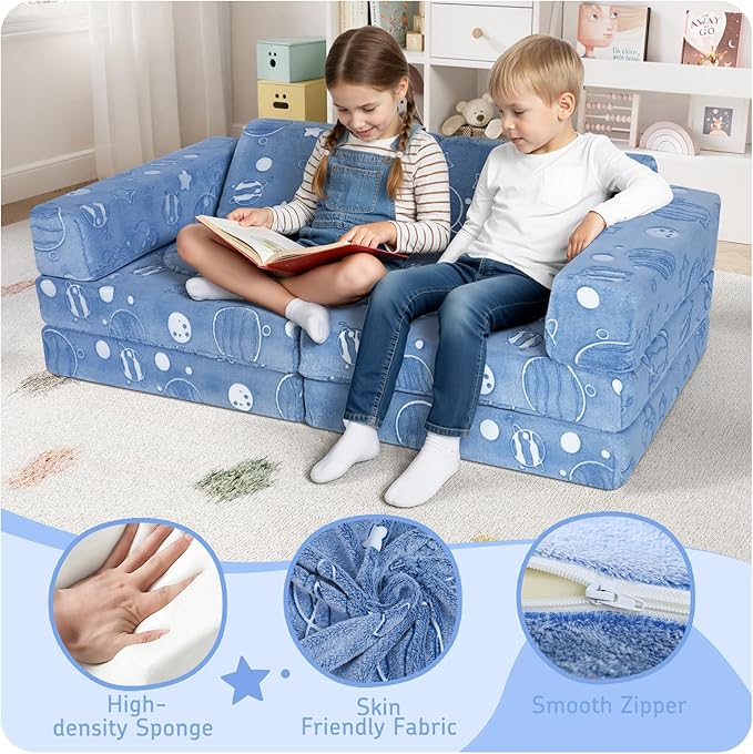 MeMoreCool Kids Modular Couch – 10-Piece Set, Fold-Out Sofa for Boys & Girls, Glow-in-The-Dark Space Theme Convertible Fort Builder | Washable Cover | Ideal for Playroom, Bedroom