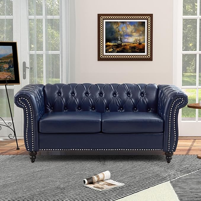 QHITTY Accent Sofa, Chesterfield Loveseat Modern Leather Couch Upholstered Sofa with Tufted Back for Living Room Furniture (Blue)