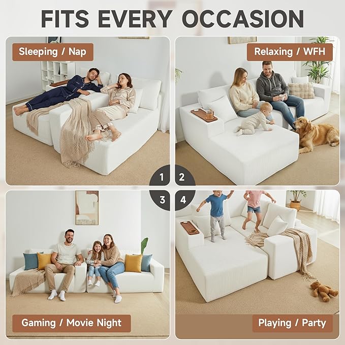 Modular Sectional Sofa Cloud Couch with Multi-Functional Armrests, Boneless Plush L-Shape Living Room Couch with Deep Seat, Fluffy Comfy Sleeper Sofa Easy Assembly (Beige, Left Chaise)