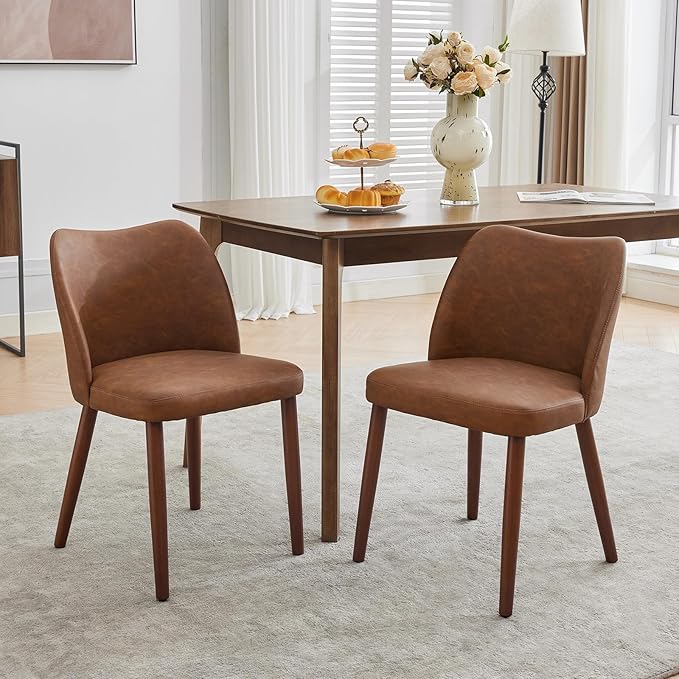 ElfinAura Dining Chair Set of 4, Leather Upholstered Dining Chair with Wood Legs, Wing Backrest, Wooden Kitchen Chair, Kitchen Chairs with Thick Cushions for Dining Room, Living Room, Brown