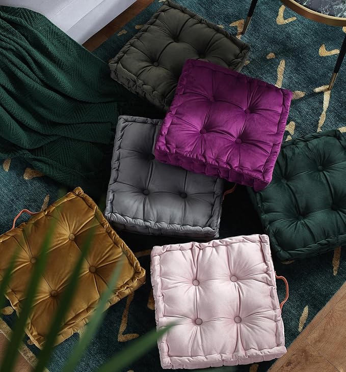 vctops Square Solid Color Velvet Seat Cushion with Handle Tufted Thicken Chair Pad Tatami Floor Pillow Cushion 16.5"x16.5"x4" Pink