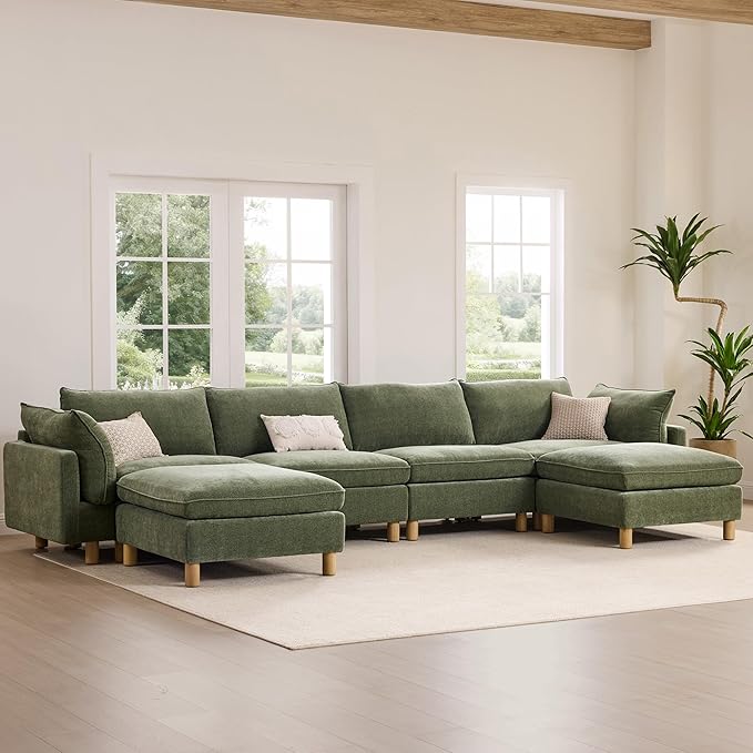 CHITA 127" Super Large Sectional Couches for Living Room, Modular Cloud Couch Sectional Sofa, Premium Fabric Couches, Down Filled, High Density Foam, Chenille in Green, 5 Seat U Shaped