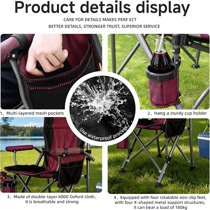 Folding Camping Chair with Cup Holder and Storage Bag, Heavy Duty Support 400 LBS, Oversized Collapsible Portable Camping Chair for Outdoor Camp, Picnic, Travel, Fishing Rose Red