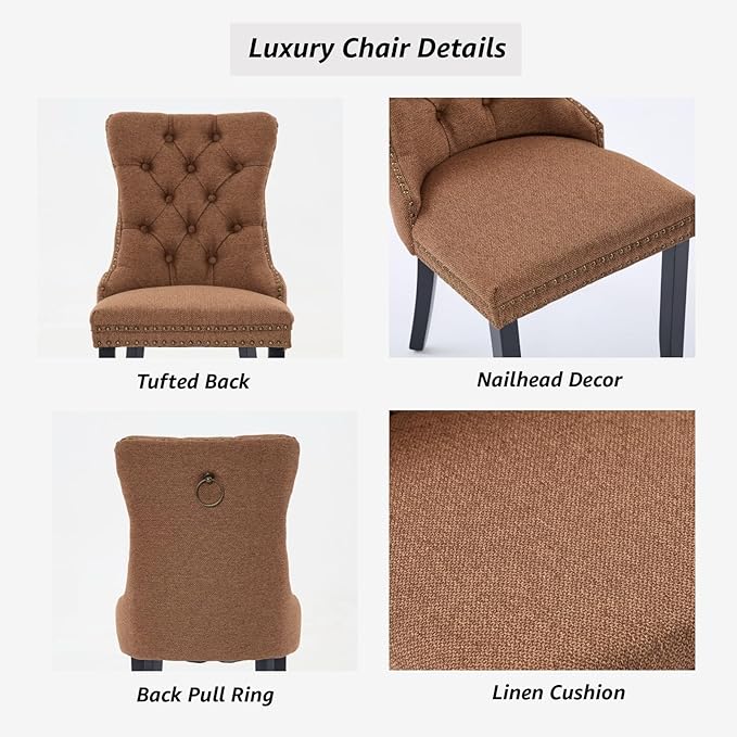 YeahFurn Espresso Brown Mid Century Modern Dining Chairs Set of 8, Linen Upholstered Kitchen & Dining Room Chairs with Nailhead Trim & Solid Wood Legs, Elegant Sillas De Comedor (Coffee, 8 Pcs)