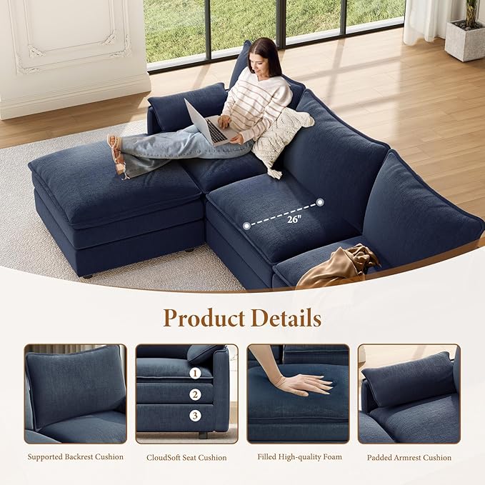 Vesgantti 142" U Shaped Sectional Couch, Comfy Cloud Modular Sectional Sofa with 2 Ottoman Deep Seat Chenille Modern Cloud Sofa, Modular Sofas for Living Room, Bedroom and Apartment, Blue