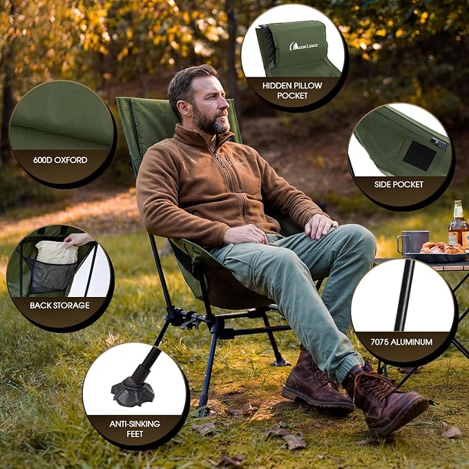 MOON LENCE Oversized High Back Camping Chair for Adults, Height Adjustable Folding Camping Chair with 400 lbs Capacity, Hidden Pillow Pocket and Wide Seat for Camping, Hiking, Picnics, Green