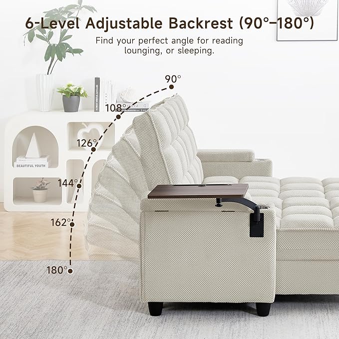 70.9" Chaise Lounge Chair Indoor, Oversized Boucle Upholstered Sofa Bed, Adjustable Backrest Deep Seat Reading Chair, Sofas Couches for Living Room with Storage, Cup Holders and 360° Swivel Side Table