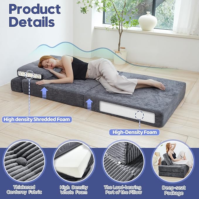 Floor Sofa Bed,Convertible Sleeper Chair with High-Density Support Foam,Portable 3 in 1 Fold Out Chair to Floor Lounger,Perfect for Living Room、 Bedroom 、 Apartment,Twin Size,Dark Gray