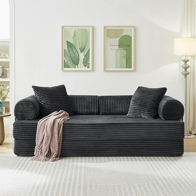 Modular Couch Bed, Convertible Folding Plush Corduroy Comfy Floor Memory Foam Compression Loveseat Sleeper Sofa Couch, King Size Bed for Guest Room Living Room Bedroom, No Assembly Required, Dark Grey