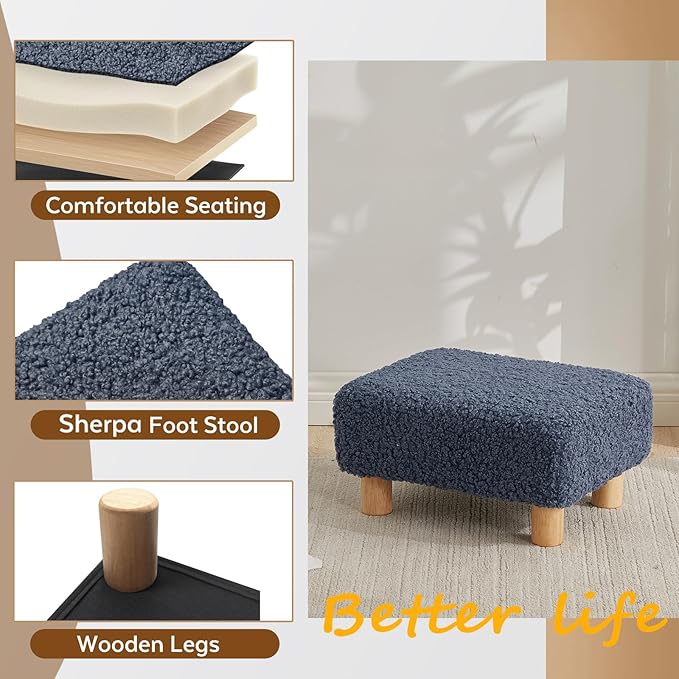 FIMIVIBI Small Foot Stool Ottoman, Sherpa Footstool Ottoman Foot Rest for Couch, Rectangle Footstools and Ottomans Small for Living Room, Entryway and Bedroom (Navy Blue)