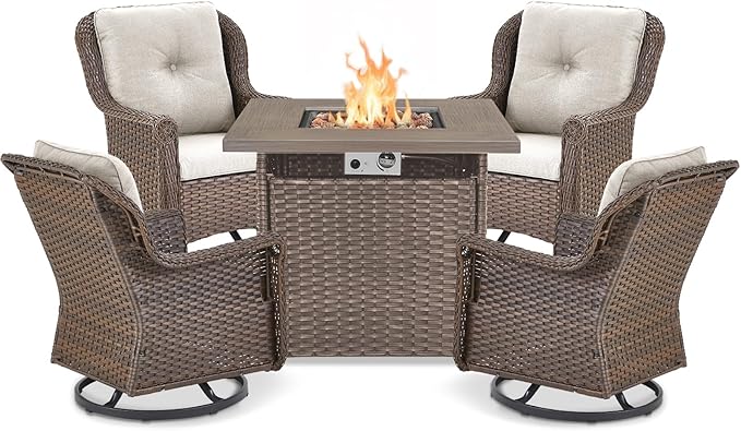ACTREST Outdoor Patio Swivel Gliders with Fire Pit Table 5 Piece Set - High Back Brown Wicker Rattan Rocking Chair with Thick Cushion for Porch Apartment Deck Yard Poolside Garden - Beige