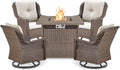 ACTREST Outdoor Patio Swivel Gliders with Fire Pit Table 5 Piece Set - High Back Brown Wicker Rattan Rocking Chair with Thick Cushion for Porch Apartment Deck Yard Poolside Garden - Beige