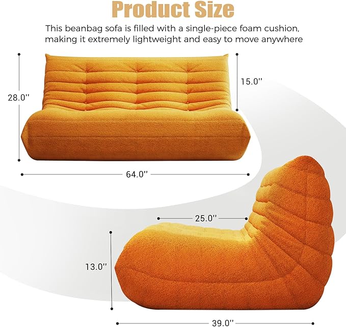 Selyteramy 3 Seat Oversized Bean Bag Chairs for Adults, Memory Foam Fireside Beanbag Couch, Comfy Bean Bag Lounger Lazy Sofa for Living Room, Bedroom, Playroom, Yellow