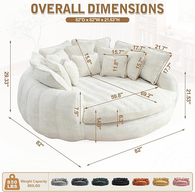 82'' Oversized Upholstered Sofa Bed, Round Chaise Lounge Chair Indoor, Modern Chenille Boneless Couch, No Assembly Required, Plush Sleeper Chair with 14 Pillows for Living Room, Beige