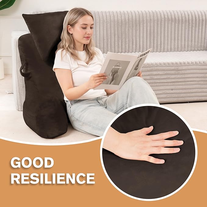 Unisakey Portable Reading Pillows with Headrest for Bed Sitting Up(Brown Oeko-Tex), Velvet Back Pillow with Arms & Pockets for Adults, Support Memory Foam Bed Pillow for Dorm/Reading/Watching/Gaming