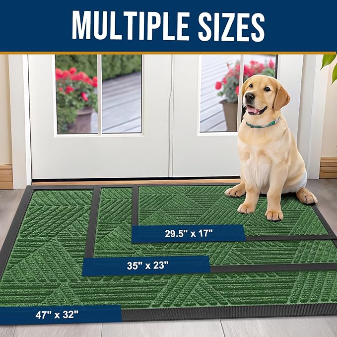 Kitinjoy Front Door Mat Outside Entrance, Sturdy Natural Dirt Trapper, Heavy Duty Rubber Doormat, Low Profile Non-Slip Backing, Easy Clean Floor Mat for Indoor Outdoor Entry, 47X32 Inch, Green