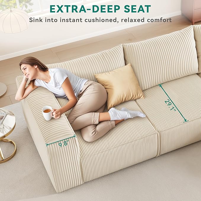 YITAHOME Oversized Deep Modular Sectional Sofa, Cloud Couch 3-Seat Sofa with 3 Pillows, Corduroy Sectional Couches for Living Room, Apartment, Office, Hotel, Bedroom, No Assembly Required, Milky White