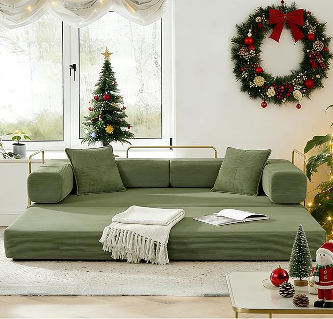 78" Convertible Sleeper Sofa Bed, Corduroy Folding Sofa Bed with Fixed-Shape Frame, Fold Out Floor Mattress Couch, Lazy Compression Sofas for Living Room, Bedroom, No Assembly Required, Green