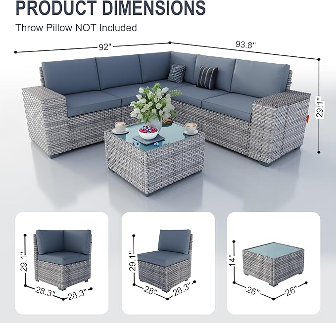 PCSXDSW 12-Piece Outdoor Patio Furniture Set, Rattan Wicker Conversation Set with Wide Armrests, Outdoor Modular Sectional Couch Seating Group Sofa for Deck Garden Porch (Gray Cushions)