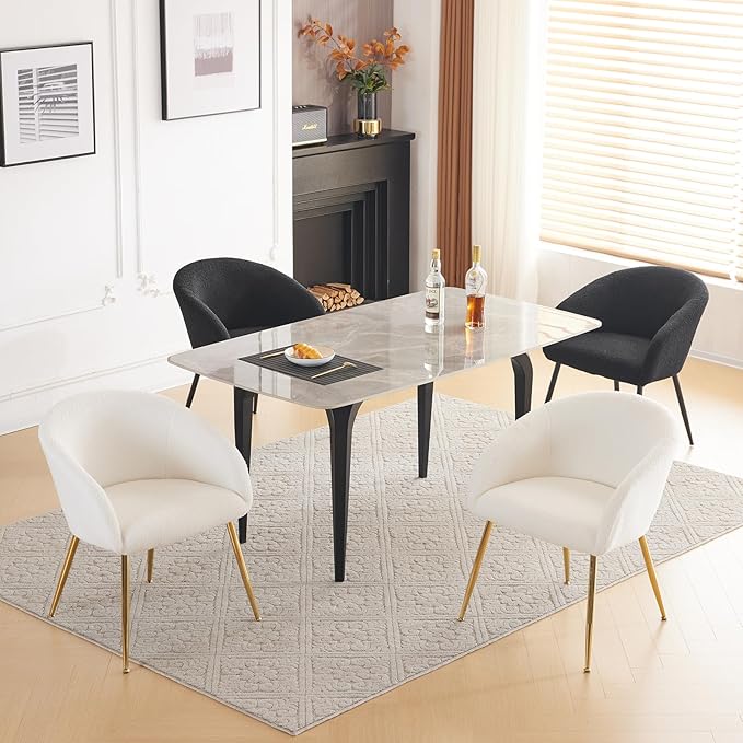 Modern Small Accent Chair Set of 2, Comfy Sherpa Makeup Vanity Chair with Golden Metal Legs, Decorative Chair no Wheels for Living Room, Dressing Room, Bedroom, White
