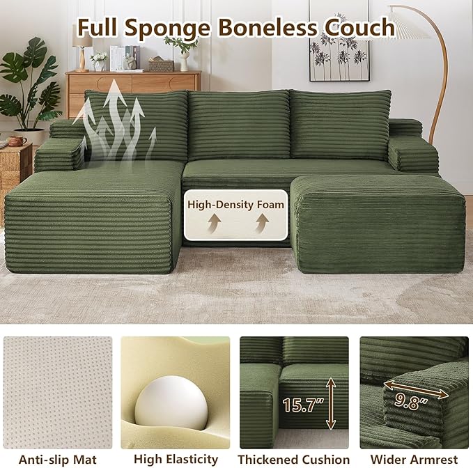 96" U-Shape Cloud Couch, Modern Modular Sectional L-Shape Sofa with Ottoman, Corduroy Upholstered Couches Deep Seat Sleeper Chaise Longue for Living Room, No Assembly Required(Green, Left Facing)