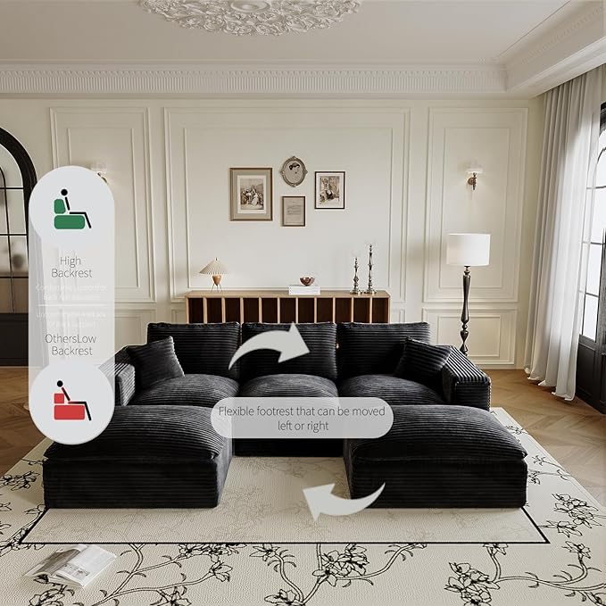 ZIGHTH 108" Plush Corduroy L Shaped Sectional Cloud Sofa Couch with Ottoman, Soft Deep Seat Modular Sectional Couches for Living Room,No Assembly. Black