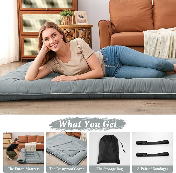 DAICO Japanese Floor Mattress, 4'' Thicken Futon Mattress Tatami Mat, Sleeping Pad Foldable Roll Up Mat for Camping and Guest Room, Full Size 54''*80'', Grey