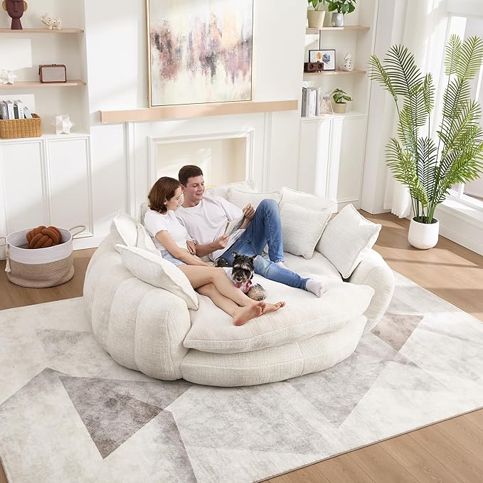 81" Oversized Bean Bag Chair Boneless Round Chaise Lounge Comfy Chenille Reading Chair Fluffy Plush Sofa Bed Large Deep Seat Circle Cloud Couch for Living Room, Bedroom, Apartment, Beige