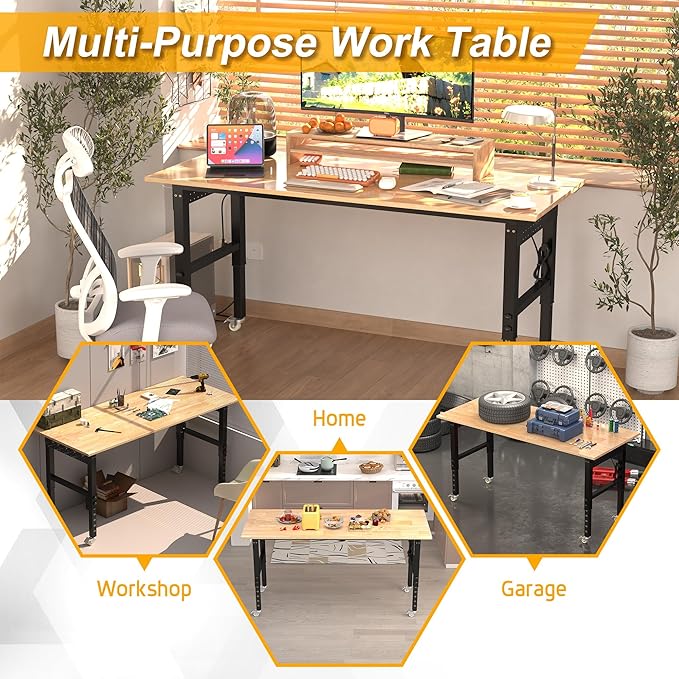 70’’ Work Bench Adjustable Workbench Heavy Duty Work Table with Power outlets, Pegboard, Wheels and Foot Pads, 2000 Lbs Capacity Hardwood Work Benches for Garage, Workshop, Office, Home