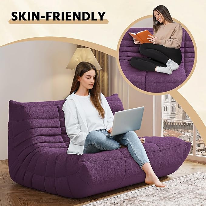 Bean Bag Chair, Fireside Chair, Large Bean Bag Chair for Adults, Bean Bag Chairs for Teens with High-Resilience Foam, Non-Slip Base Floor Lounge Sofa,Living Room (Purple, Loveseat)