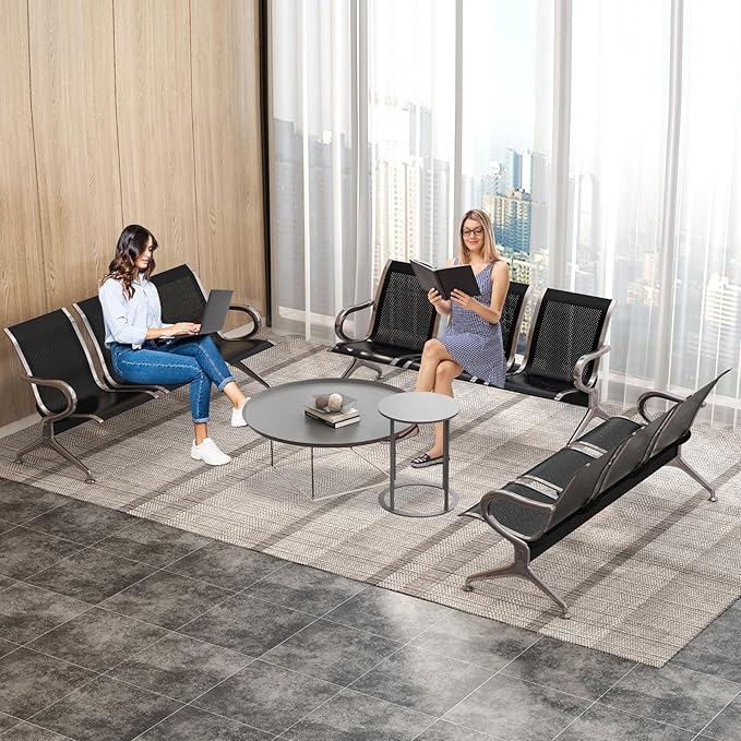 Kinfant 3-Seat Waiting Room Chairs Set - Office Guest Reception Seat Bench with Arms for Airport, Hospital, Bank, Salon, Barbershop, Hall, Room Conference(Black Mesh, Set of 3)