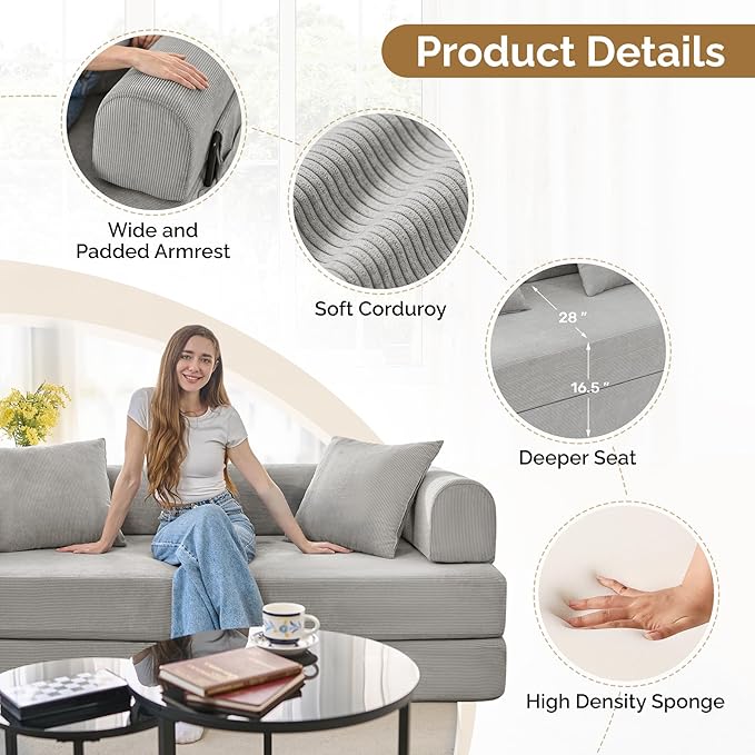 Convertible Corduroy Sleeper Sofa Bed with Cylindrical Pillows, Convertible Mattress Sofa with Fixed Shape Frame, Living Room Bedroom Lounge Studio Use Floor Sofa Lounge,Grey