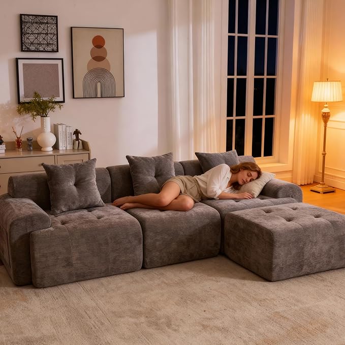 YAAREE 101.65” Modular Sectional Couch for Living Room, 3-Seater Cloud Sofa with Deep Seat, Woven Texture Upholstery Boneless Couch, No Assembly, Grey