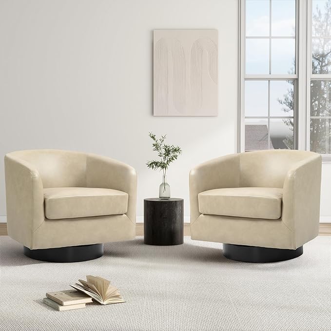 Swivel Barrel Chair, Modern Round PU Leather Accent Armchair for Living Room, Bedroom, Oversized Comfy Club Reading Chairs for Adults