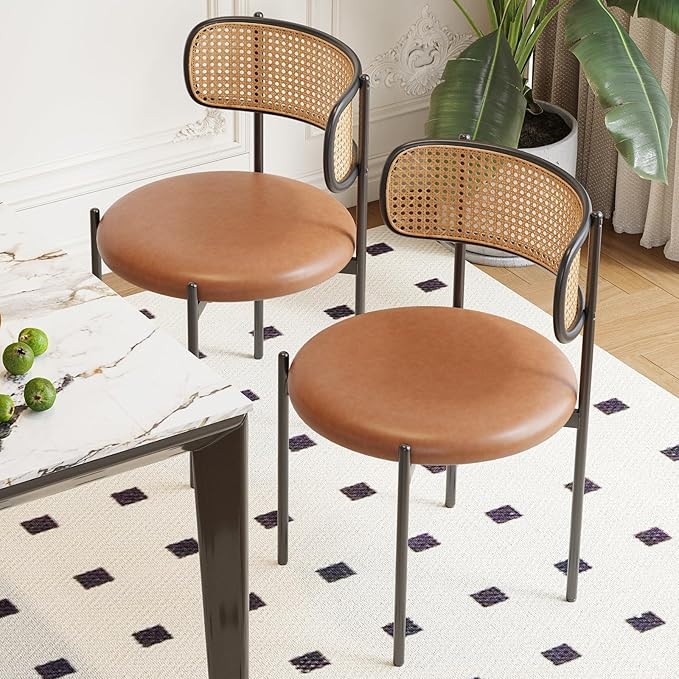 Farini Dining Chairs Set of 4, PU Leather Upholstered Seat with Woven Rattan Back, Sturdy Metal Legs Modern Side Chairs for Kitchen Living Room Restaurant, Brown