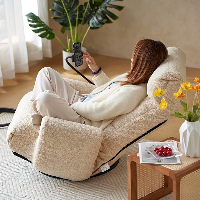 Lounge Sofa Chair with Side Pocket Armrests & Phone Holder. Gaming Chair for TV, Reading,Video,Games.Indoor Floor Chaise in Livingroom, Bedroom.Adjustable Foldable Backres&360° Swivel (Beige)