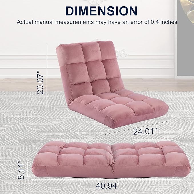 HOMYEDAMIC Floor Chair, 24 inches Wide Oversized Velvet Armless Lay Flat Floor seat Padded Meditation Chair with 6 Adjustable Position Ergonomic Comfortable Convenient(LRSF-008-PINK)
