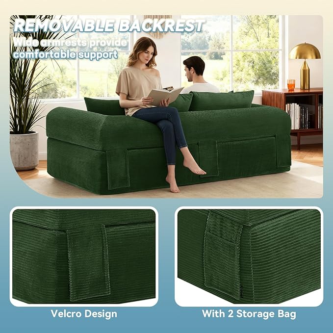 GJQ 83" Boneless Couch for Living Room,Corduroy 3 Seater Sofa in a Box with 4 Pillows & Storage Pocket,No Assembly Cloud Sofa Bed Oversized Floor Sofa,Green