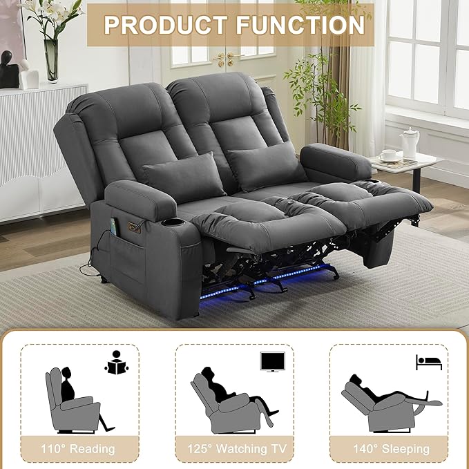 URRED Loveseat Recliner Sofa with Massage and Heat, Power Reclining Loveseat Sofa RV Couch Home Theater Seating with LED Lights, Cup Holders, Side Pockets, USB, Pillows, Leathaire Gray