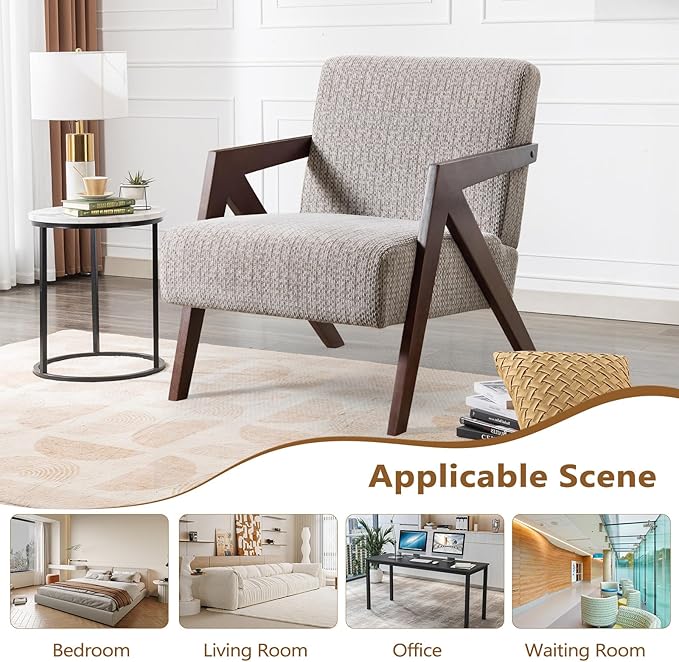 Bonzy Home Mid-Century Modern Accent Chair with Solid Wood Frame, Upholstered Armchair for Bedroom & Living Room,Reading Side Chair with Soft Lien Fabric Cushion,Easy Assembly