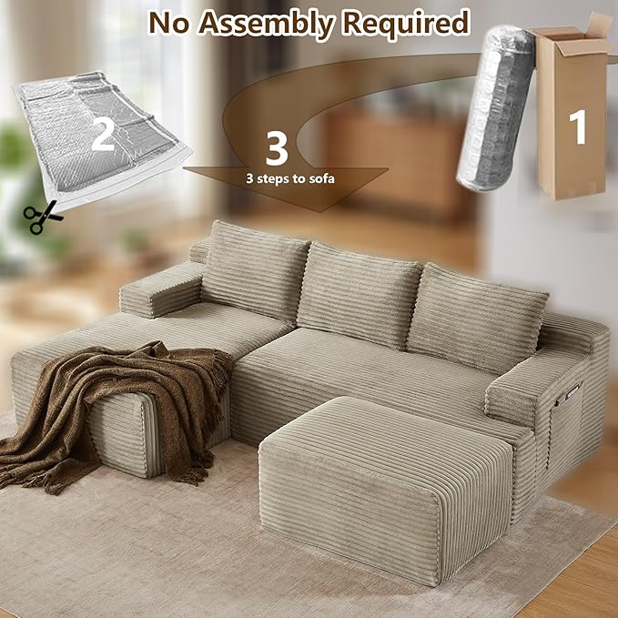 96" U-Shape Cloud Couch, Modern Modular Sectional L-Shape Sofa with Ottoman, Corduroy Upholstered Couches Deep Seat Sleeper Chaise Longue for Living Room, No Assembly Required(Camel, Left Facing)