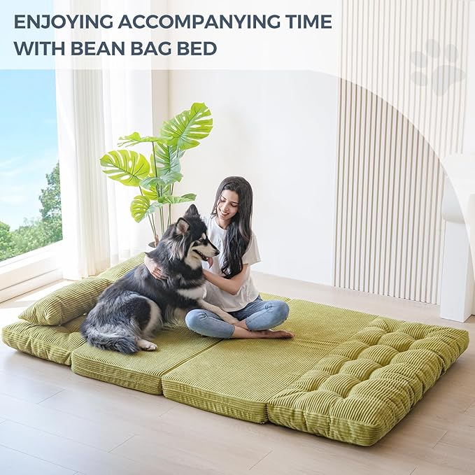 MAXYOYO Bean Bag Bed Tufted Folding Sofa Couch with Pillows Floor Mattress for Adults, Extra Thick and Long Floor Sofa, Full Floor Couch Bed for Bedroom Living Room, Green, 54x91 Inch