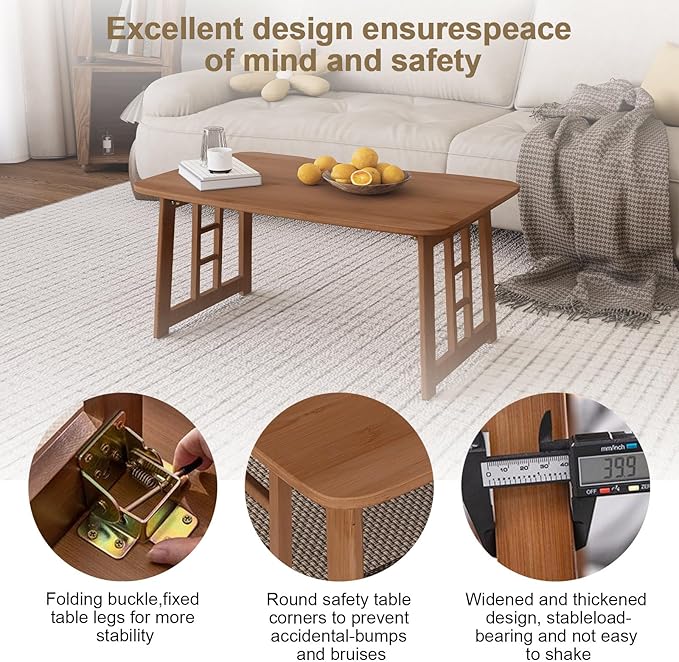 Japanese Bamboo Folding Floor Table for Sitting on Floor, Tatami Table Foldable, No Assembly, Low Tables for Small Spaces Living Room/Portable Zen Chabudai for Meditation - Walnut