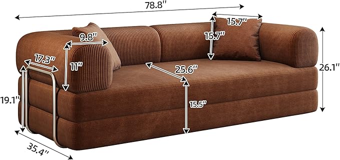 79" Convertible Sofa Bed, Corduroy Folding Pull Out Couch with Pillows, No Assembly Modern Boneless Couch Compression Sofa in Box, Floor Sofa with Support Rods for Living Room,Brown