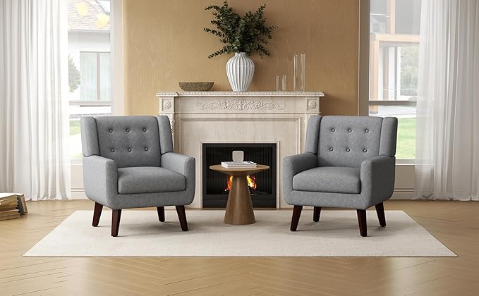 Accent Chairs Set of 2, Mid-Century Modern Upholstered Living Room Armchair, Comfy Oversized Linen Fabric Single Reading Arm Chair with Tufted Back and Wood Legs for Bedroom, Club (2, Grey)