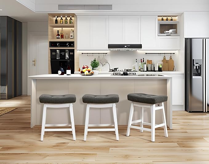 RNKSFX Counter Height Bar Stools Set of 6 for Kitchen Counter Farmhouse Modern Barstools with Faux Leather Upholstered Backless Seat and Solid Wood Legs 24 inch Bar Chairs, Grey + White