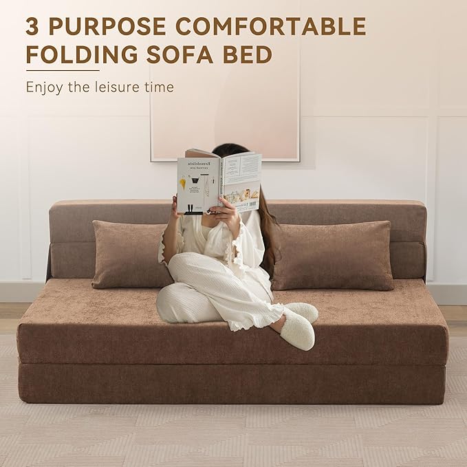 WUTUTUEE Folding Sofa Bed Floor Couch with Pillow, Foldable Chair Bed Convertible Linen Sleeper Chair Futon,Foldable Memory Foam Mattress for Bedroom/Living Room/Dorm/Office (Brown, Queen)